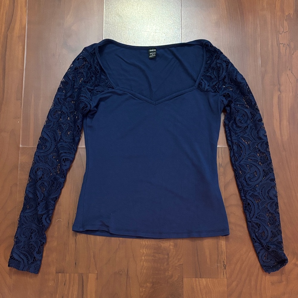 SHEIN Navy Lace Sleeve Blouse
